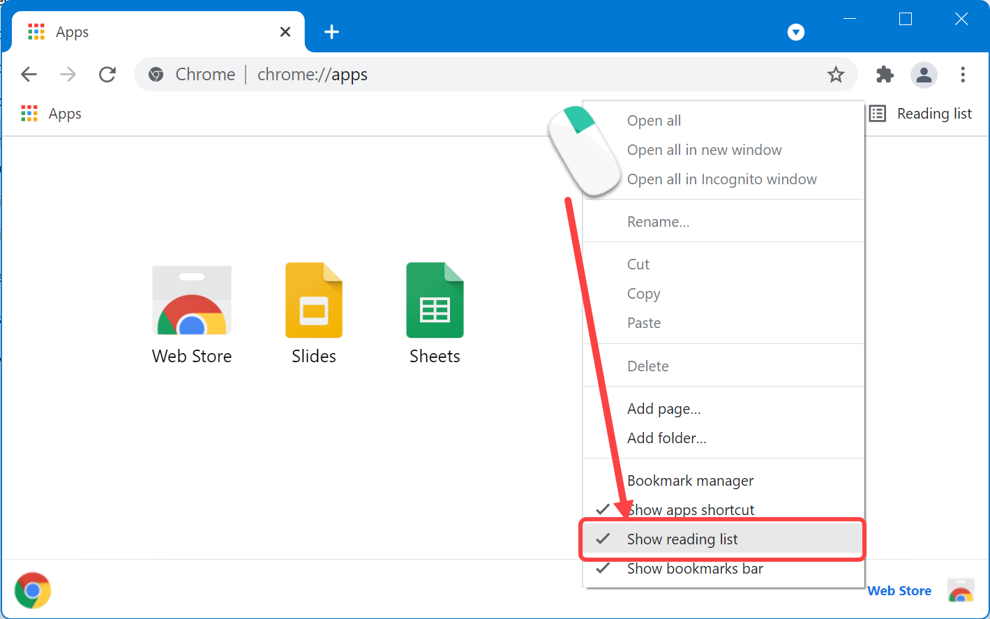 在 Chrome 中禁用阅读列表