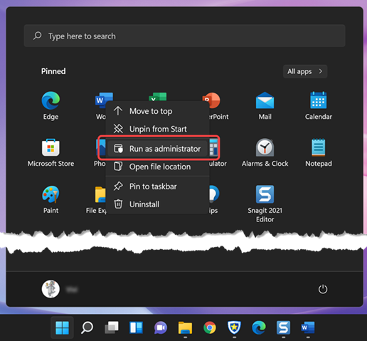 从开始菜单以管理员身份运行应用程序