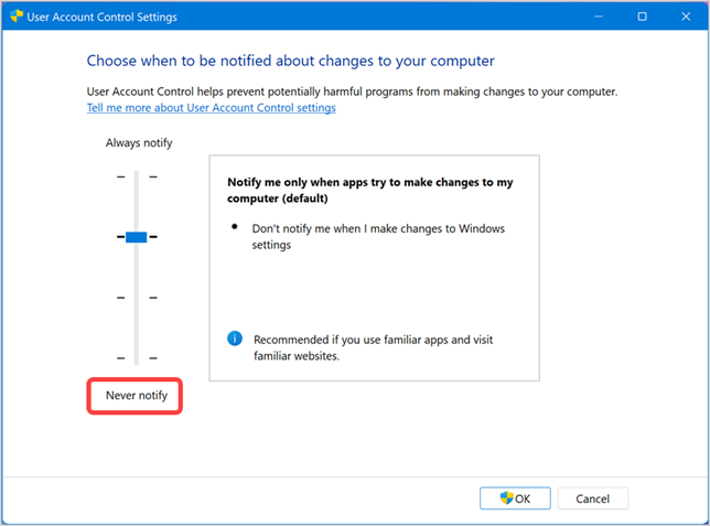 从不通知 UAC 更改