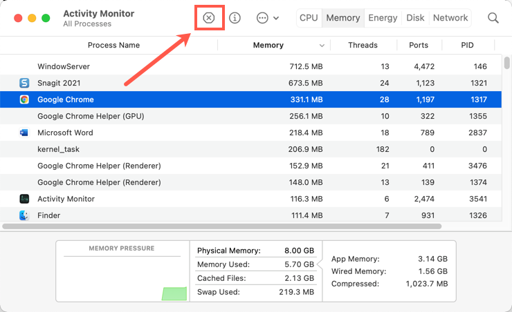 从活动监视器停止 Chrome