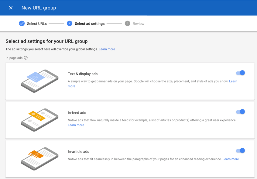 设置自动广告 URL 组设置