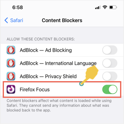 启用 Firefox Focus 内容拦截器