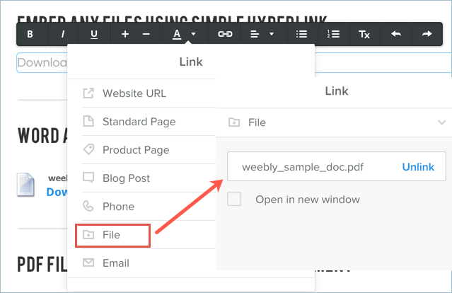 使用超链接嵌入 Weebly 文件