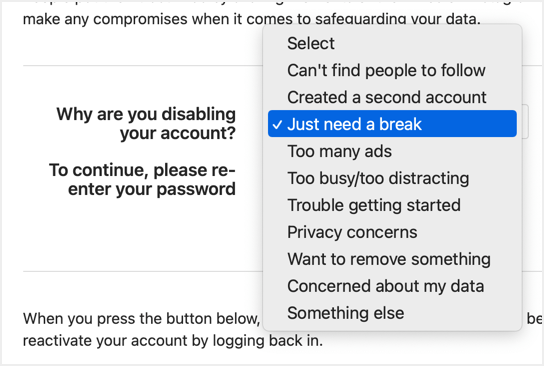 选择禁用 Instagram 帐户的原因