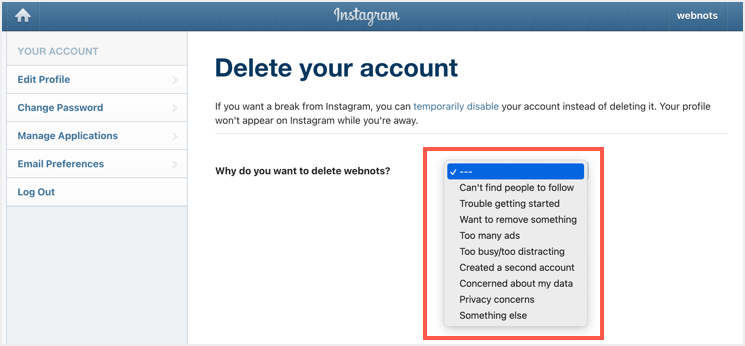 选择删除帐户的原因