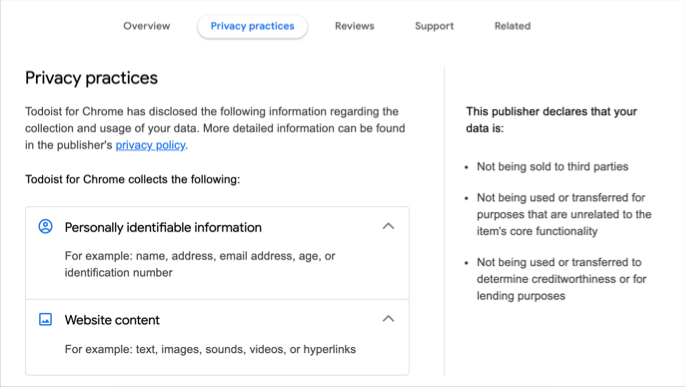 Chrome 网上应用店中的隐私详细声明
