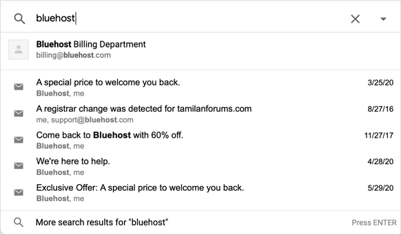 Gmail 即时搜索结果