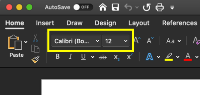 Mac 中大小为 12 的默认 Calibri 字体