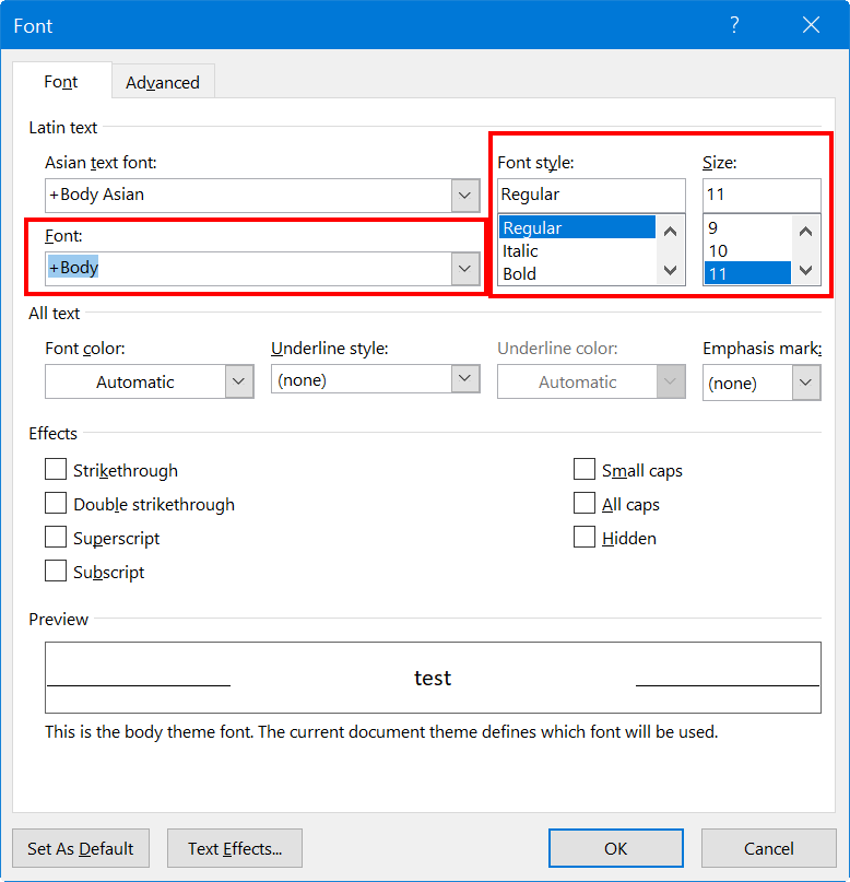 Word Windows 中的默认字体设置