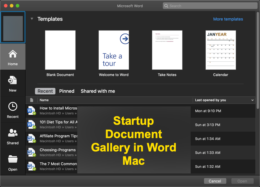 在 Word Mac 中启动文档库