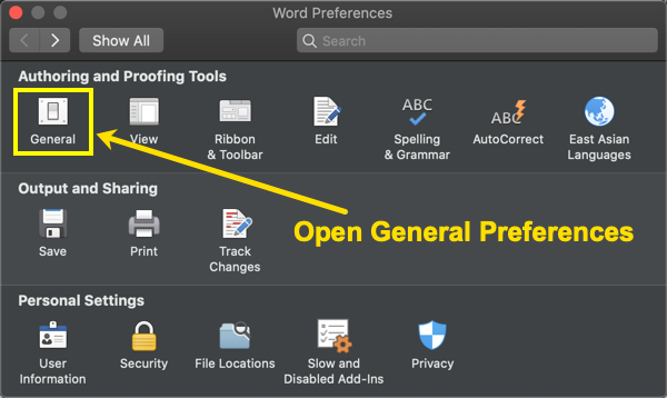 打开一般首选项