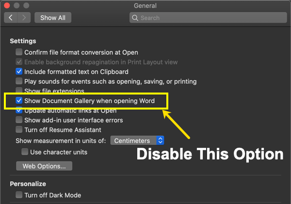 在 Mac Office 中禁用文档库