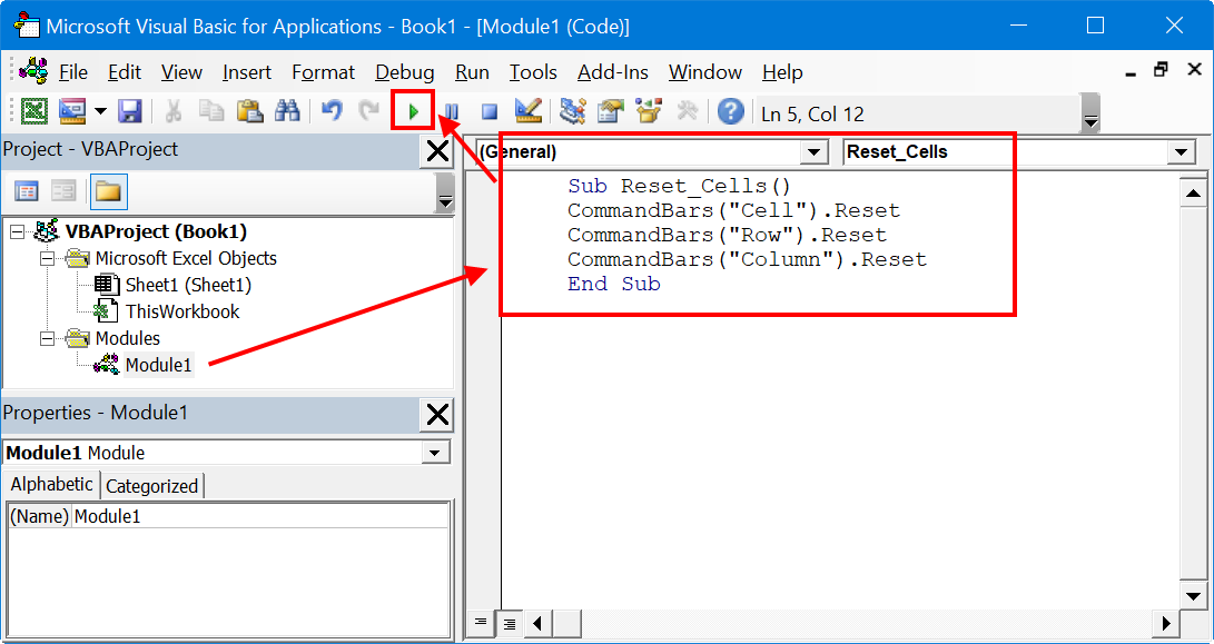 在 Excel VBA 编辑器模块中运行重置单元格命令