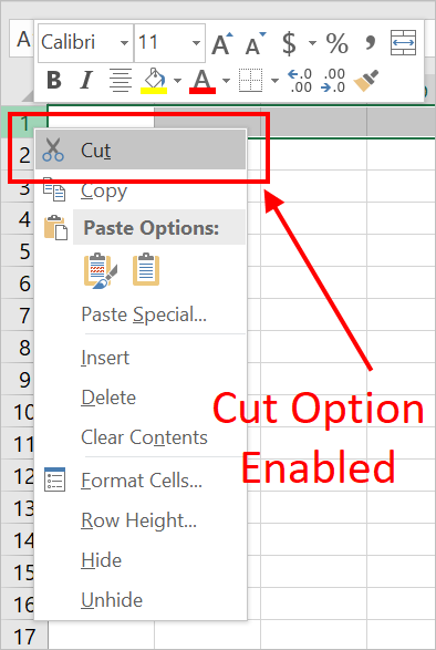 剪切选项已启用