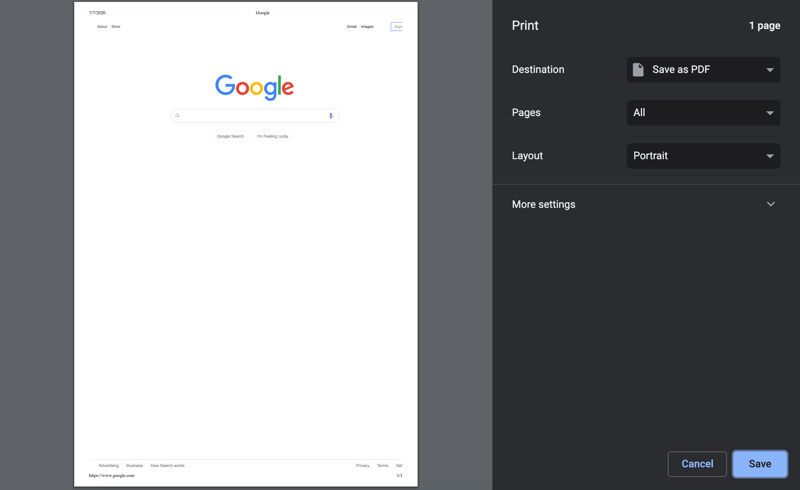 Chrome 中的打印对话框