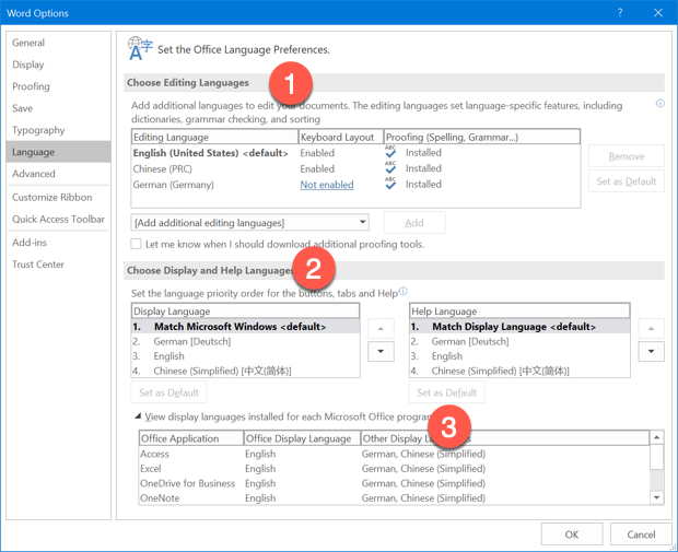 在选项中检查已安装的语言