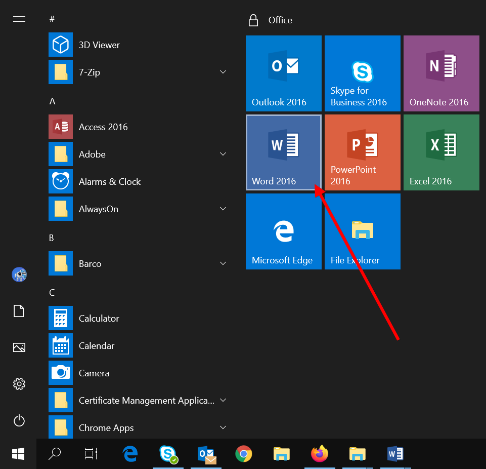 开始菜单中的 Office 应用程序