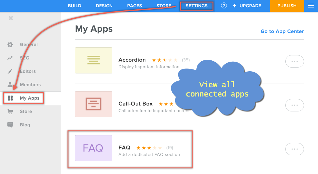 查看已连接的 Weebly 应用程序