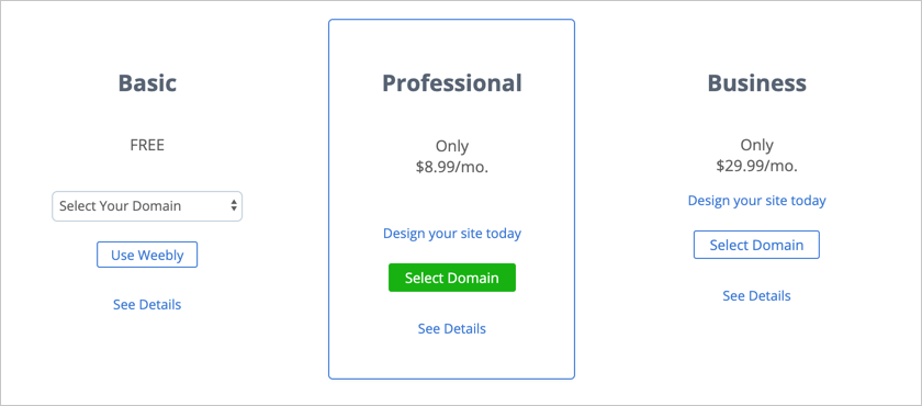Bluehost 中的 Weebly 定价计划
