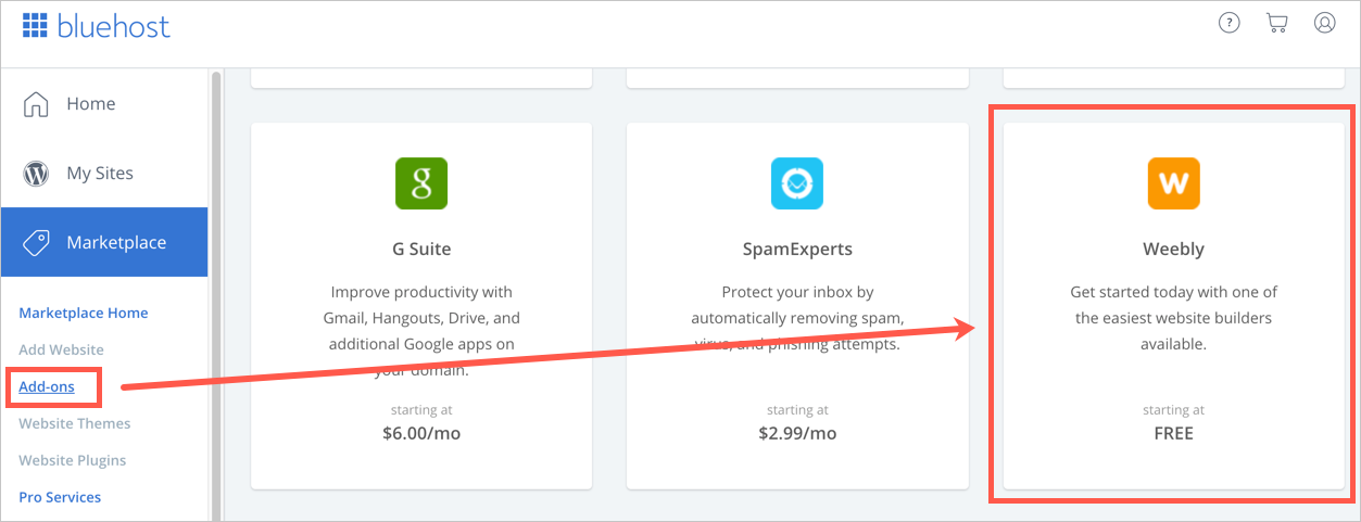 在 Bluehost Marketplace 上查找 Weebly