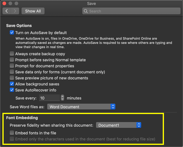 Word Mac 中的字体嵌入