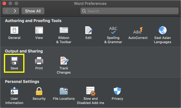 在 Word Mac 中保存首选项