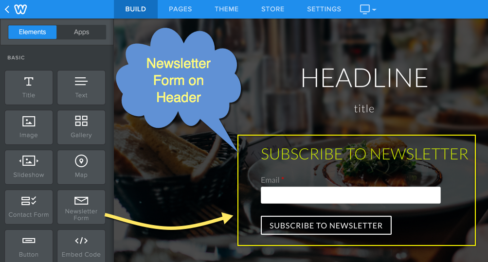 在 Weebly 标题上拖放通讯表单