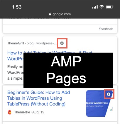 Google 搜索中的 AMP 页面
