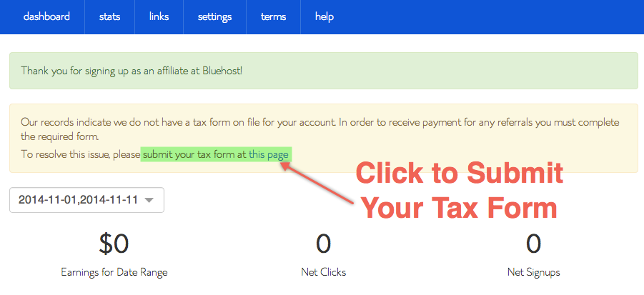 Bluehost 附属公司税表提交链接