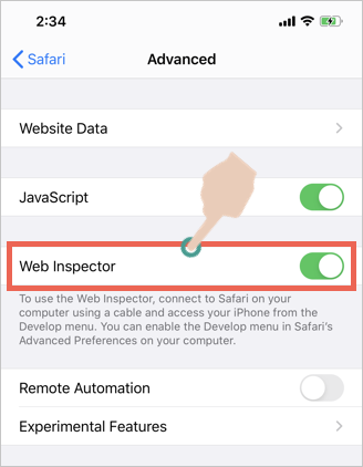 在 Safari iPhone 中启用 Web Inspector