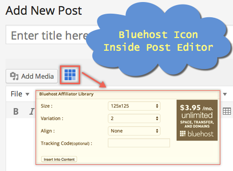 WordPress 帖子编辑器中的 Bluehost Affiliate 图标