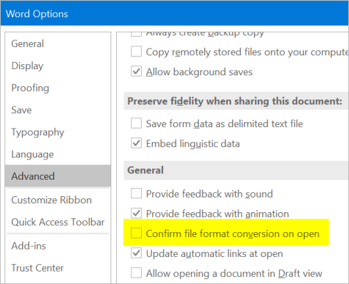 打开时确认文件格式转换