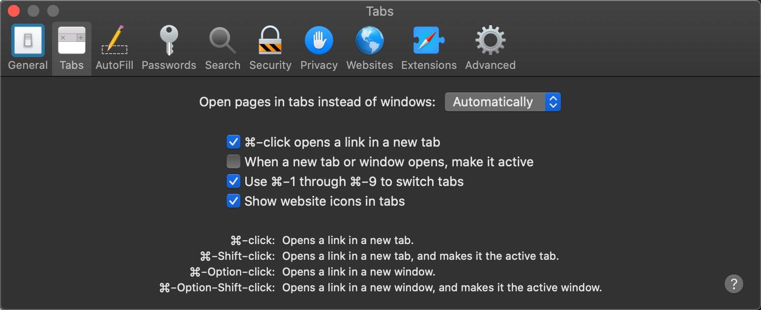 Mac Safari 选项卡首选项