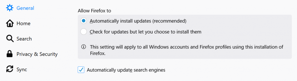 在 Firefox 中禁用自动更新