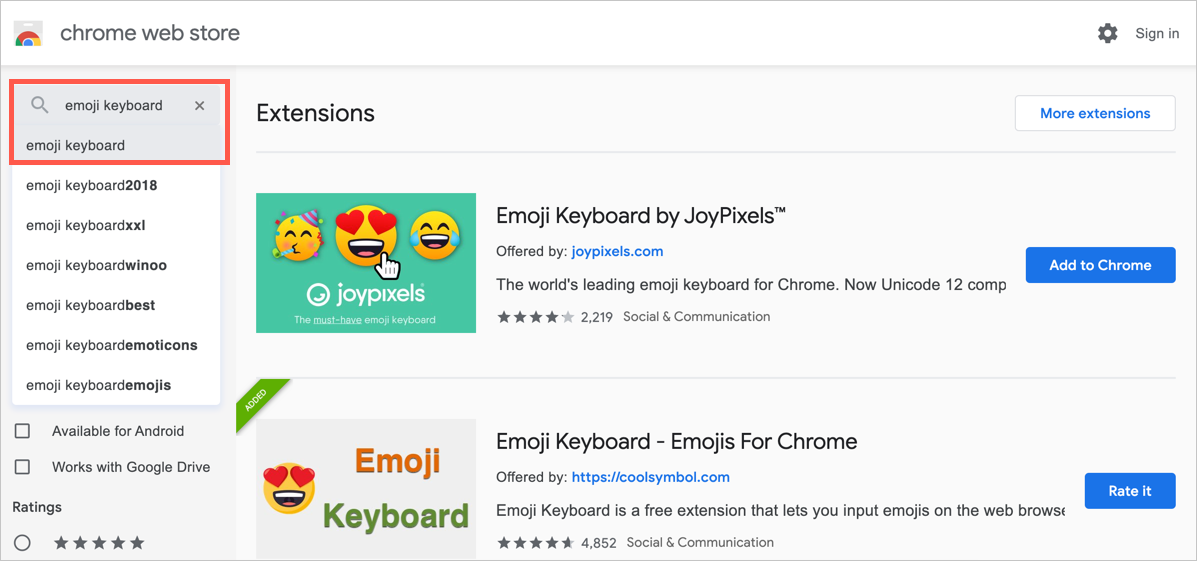 在 Chrome 网上应用店中搜索表情符号键盘扩展