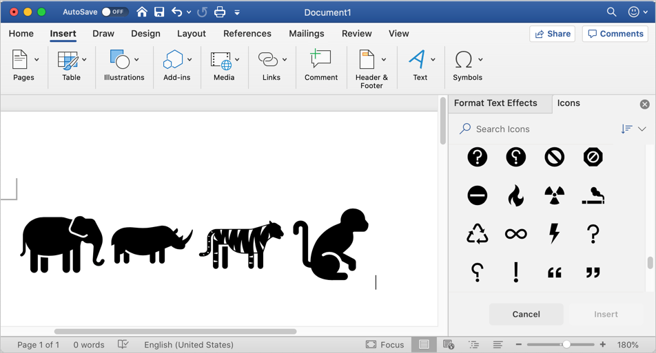 在 Mac Word Office 365 中插入图标