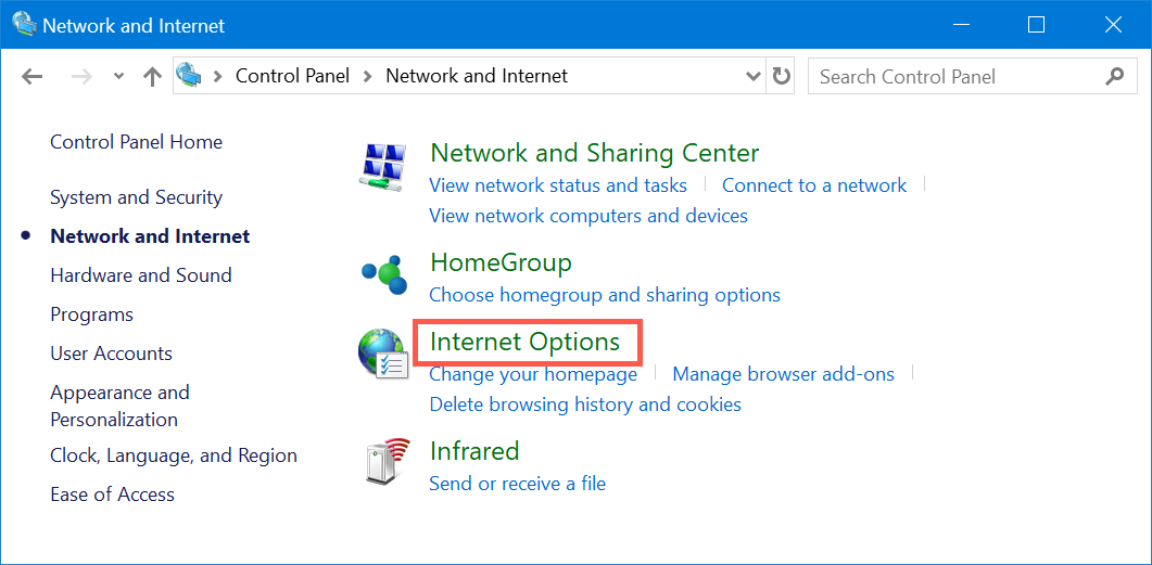 从控制面板打开 Internet 选项