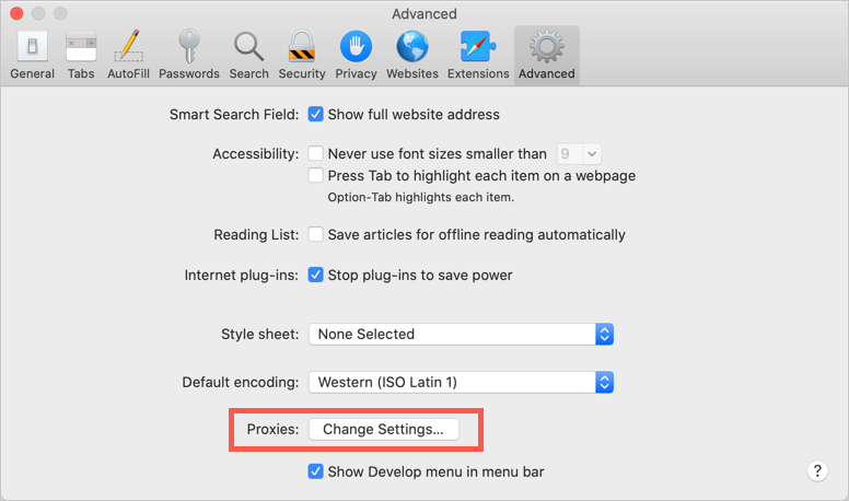 在 Safari macOS 中打开代理设置