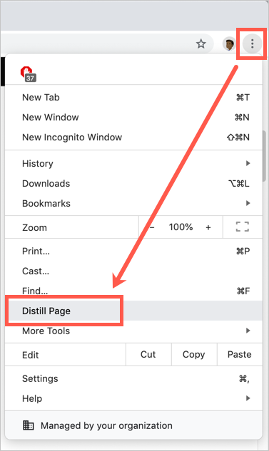 Chrome 设置中的 Distill 页面菜单