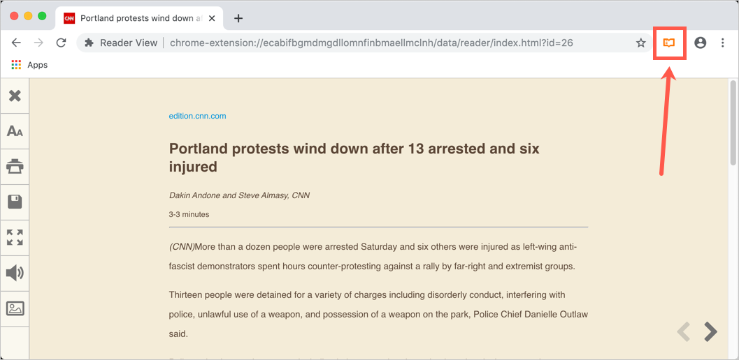 启用时的 Chrome 阅读器视图扩展