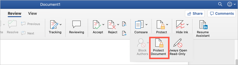 Word Mac 中的保护文档选项