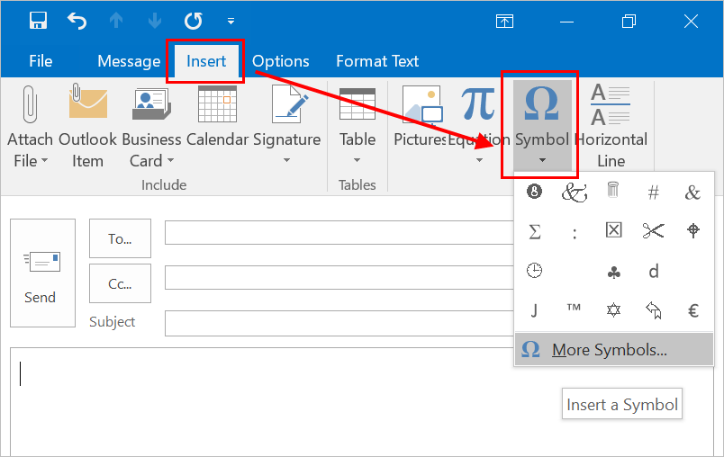 Outlook 中的符号菜单