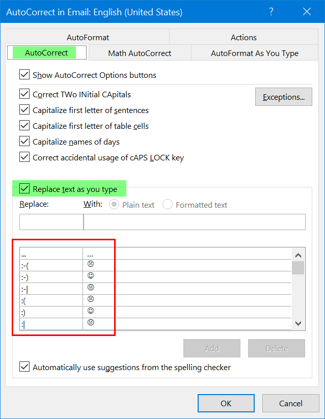 表情符号的 Outlook 自动更正设置
