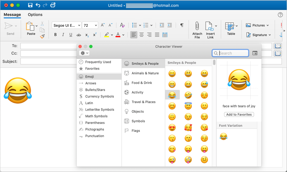 在 Outlook Mac 中使用字符查看器插入表情符号