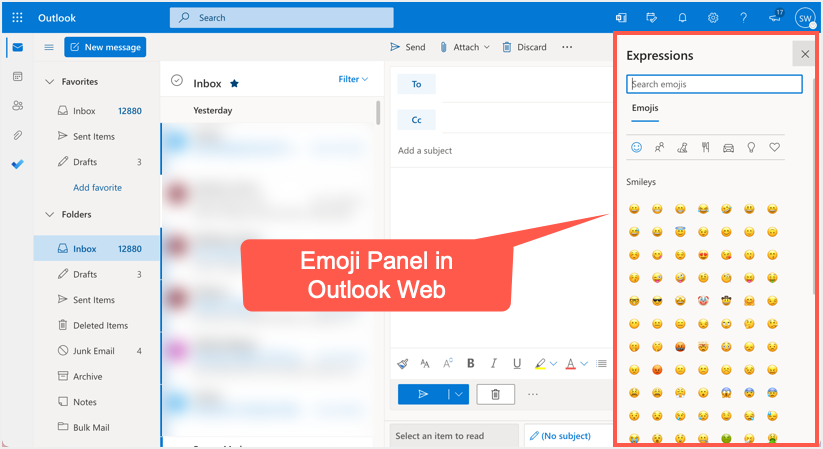 Outlook Web 中的表情符号面板