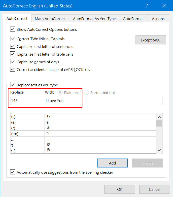 创建自定义自动更正快捷方式