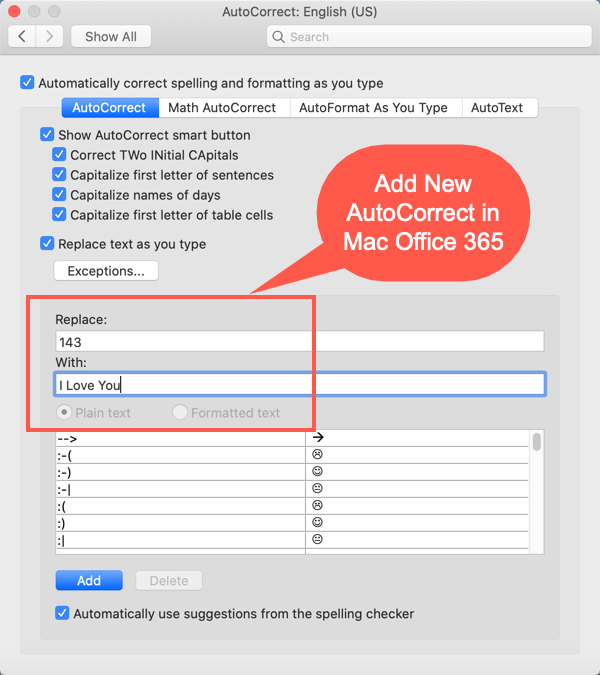在 Office 365 Mac 中添加新的自动更正