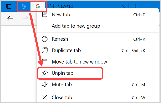 在 Edge 中取消固定选项卡