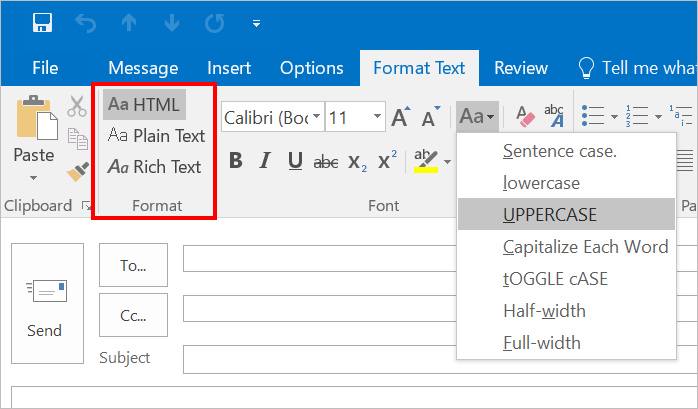 在 Outlook 中更改文本大小写