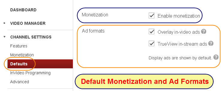 默认 YouTube 获利设置